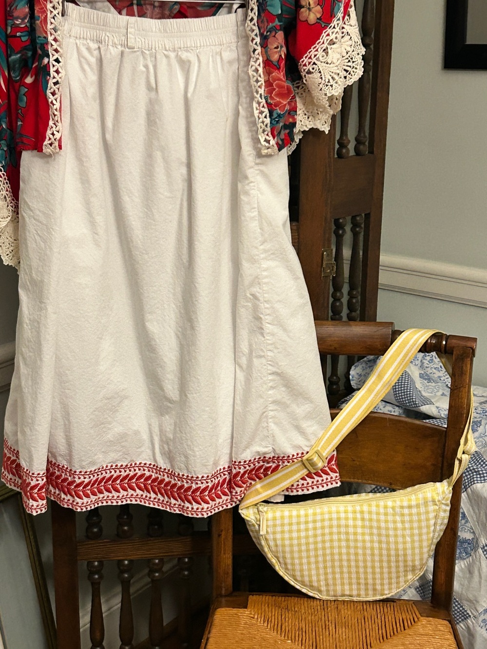 J Crew White Cotton Maxi Skirt Size L Scarlet Red Embroidery Sash Belt Lined - Picture 12 of 16